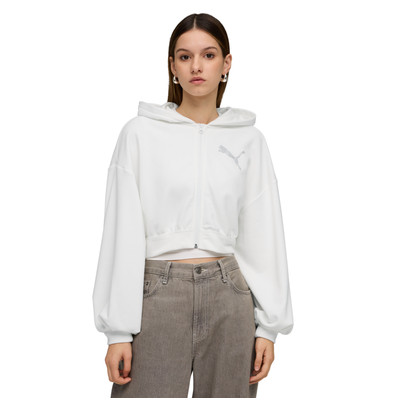 Ženski duks sa zipom i kapuljačom Puma Ess graphic bedazzled fz hoodie tr